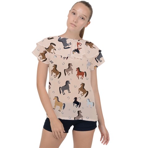 Horses For Courses Pattern Ruffle Collar Chiffon Blouse by Ket1n9