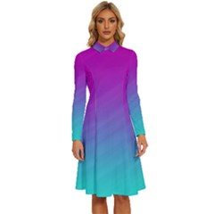 Background Pink Blue Gradient Long Sleeve Shirt Collar A-Line Dress