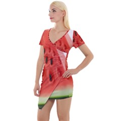 Seamless Background With Watermelon Slices Short Sleeve Asymmetric Mini Dress