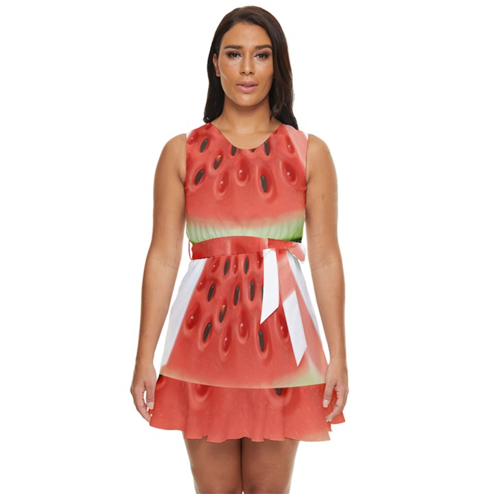 Seamless Background With Watermelon Slices Waist Tie Tier Mini Chiffon Dress