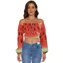 Seamless Background With Watermelon Slices Long Sleeve Crinkled Weave Crop Top