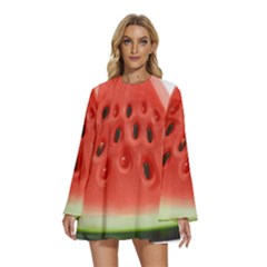 Seamless Background With Watermelon Slices Round Neck Long Sleeve Bohemian Style Chiffon Mini Dress