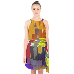 Abstract Vibrant Colour Halter Collar Waist Tie Chiffon Dress