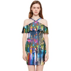 Abstract Vibrant Colour Cityscape Shoulder Frill Bodycon Summer Dress by Ket1n9