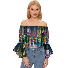 Abstract Vibrant Colour Cityscape Off Shoulder Flutter Bell Sleeve Top by Ket1n9