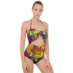 Abstract Vibrant Colour Scallop Top Cut Out Swimsuit