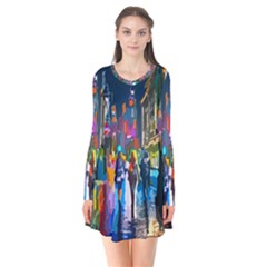 Abstract Vibrant Colour Cityscape Long Sleeve V-neck Flare Dress by Ket1n9