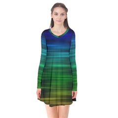 Blue And Green Lines Long Sleeve V-neck Flare Dress