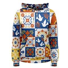 Mexican Talavera Pattern Ceramic Tiles With Flower Leaves Bird Ornaments Traditional Majolica Style Women s Pullover Hoodie by Ket1n9