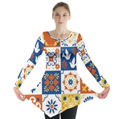 Mexican Talavera Pattern Ceramic Tiles With Flower Leaves Bird Ornaments Traditional Majolica Style Long Sleeve Tunic  by Ket1n9