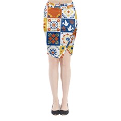 Mexican Talavera Pattern Ceramic Tiles With Flower Leaves Bird Ornaments Traditional Majolica Style Midi Wrap Pencil Skirt by Ket1n9