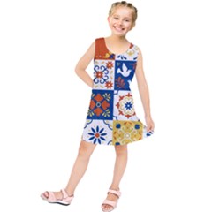 Mexican Talavera Pattern Ceramic Tiles With Flower Leaves Bird Ornaments Traditional Majolica Style Kids  Tunic Dress by Ket1n9