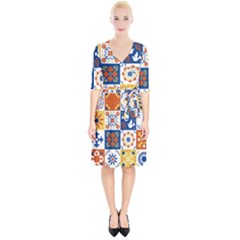 Mexican Talavera Pattern Ceramic Tiles With Flower Leaves Bird Ornaments Traditional Majolica Style Wrap Up Cocktail Dress by Ket1n9