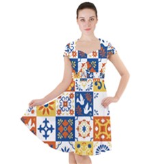 Mexican Talavera Pattern Ceramic Tiles With Flower Leaves Bird Ornaments Traditional Majolica Style Cap Sleeve Midi Dress by Ket1n9