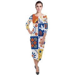 Mexican Talavera Pattern Ceramic Tiles With Flower Leaves Bird Ornaments Traditional Majolica Style Quarter Sleeve Midi Velour Bodycon Dress by Ket1n9