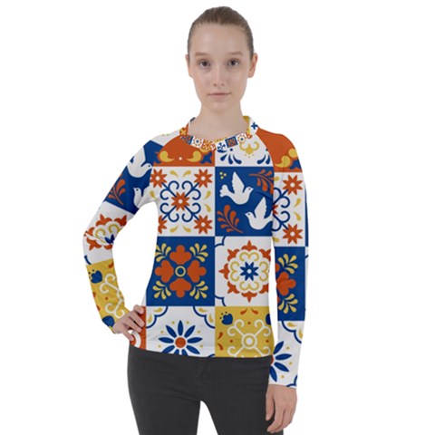 Mexican Talavera Pattern Ceramic Tiles With Flower Leaves Bird Ornaments Traditional Majolica Style Women s Pique Long Sleeve T-shirt by Ket1n9