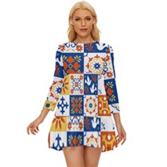 Mexican Talavera Pattern Ceramic Tiles With Flower Leaves Bird Ornaments Traditional Majolica Style Long Sleeve Babydoll Dress by Ket1n9