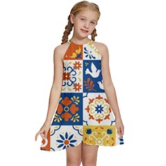 Mexican Talavera Pattern Ceramic Tiles With Flower Leaves Bird Ornaments Traditional Majolica Style Kids  Halter Collar Waist Tie Chiffon Dress by Ket1n9