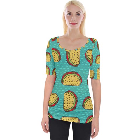 Taco Drawing Background Mexican Fast Food Pattern Wide Neckline T-shirt by Ket1n9