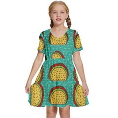 Taco Drawing Background Mexican Fast Food Pattern Kids  Short Sleeve Tiered Mini Dress by Ket1n9