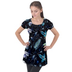 Colorful Abstract Pattern Consisting Glowing Lights Luminescent Images Marine Plankton Dark Backgrou Puff Sleeve Tunic Top by Ket1n9