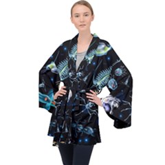 Colorful Abstract Pattern Consisting Glowing Lights Luminescent Images Marine Plankton Dark Backgrou Long Sleeve Velvet Kimono  by Ket1n9