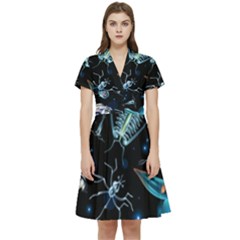 Colorful Abstract Pattern Consisting Glowing Lights Luminescent Images Marine Plankton Dark Backgrou Short Sleeve Waist Detail Dress by Ket1n9