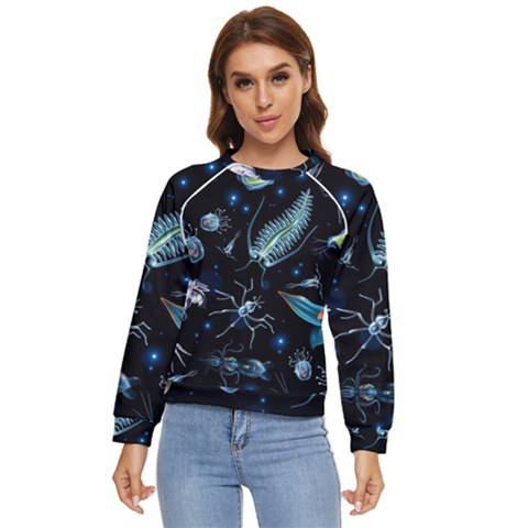 Colorful Abstract Pattern Consisting Glowing Lights Luminescent Images Marine Plankton Dark Backgrou Women s Long Sleeve Raglan T-shirt by Ket1n9