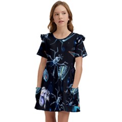 Colorful Abstract Pattern Consisting Glowing Lights Luminescent Images Marine Plankton Dark Backgrou Kids  Frilly Sleeves Pocket Dress by Ket1n9