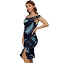 Colorful Abstract Pattern Consisting Glowing Lights Luminescent Images Marine Plankton Dark Backgrou Off Shoulder Ruffle Split Hem Bodycon Dress View2