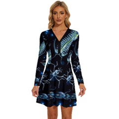 Colorful Abstract Pattern Consisting Glowing Lights Luminescent Images Marine Plankton Dark Backgrou Long Sleeve Deep V Mini Dress  by Ket1n9