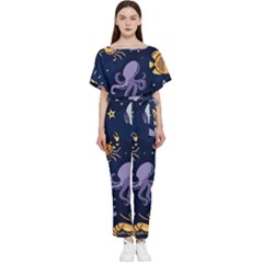 Marine Seamless Pattern Thin Line Memphis Style Batwing Lightweight Chiffon Jumpsuit