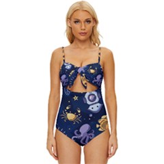 Marine Seamless Pattern Thin Line Memphis Style Knot Front One-piece Swimsuit by Ket1n9