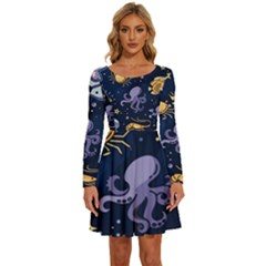 Marine Seamless Pattern Thin Line Memphis Style Long Sleeve Wide Neck Velvet Dress by Ket1n9