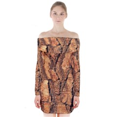 Bark Texture Wood Large Rough Red Wood Outside California Long Sleeve Off Shoulder Dress by Ket1n9