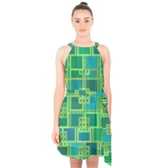 Green Abstract Geometric Halter Collar Waist Tie Chiffon Dress