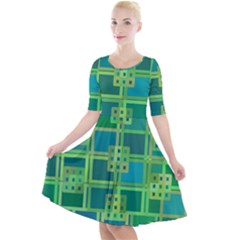 Green Abstract Geometric Quarter Sleeve A-line Dress by Ket1n9