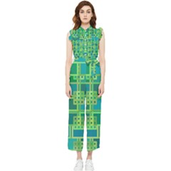 Green Abstract Geometric Women s Frill Top Chiffon Jumpsuit by Ket1n9