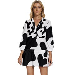 Cow Pattern V-neck Placket Mini Dress