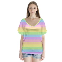 Cute Pastel Rainbow Stripes V-neck Flutter Sleeve Top by Ket1n9