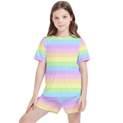 Cute Pastel Rainbow Stripes Kids  T-shirt And Sports Shorts Set