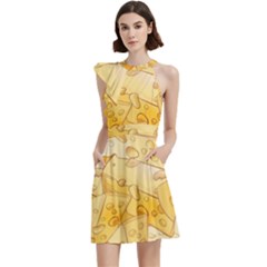 Cheese Slices Seamless Pattern Cartoon Style Cocktail Party Halter Sleeveless Dress With Pockets