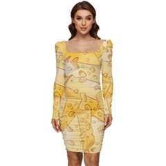 Cheese Slices Seamless Pattern Cartoon Style Women Long Sleeve Ruched Stretch Jersey Dress