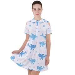 Seamless Pattern With Cute Sharks Hearts Short Sleeve Shoulder Cut Out Dress 