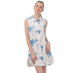 Seamless Pattern With Cute Sharks Hearts Sleeveless Shirt Dress