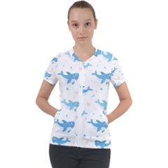 Seamless Pattern With Cute Sharks Hearts Short Sleeve Zip Up Jacket