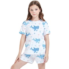 Seamless Pattern With Cute Sharks Hearts Kids  T-Shirt And Sports Shorts Set