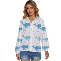 Seamless Pattern With Cute Sharks Hearts Women s Long Sleeve Button Up Shirt