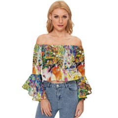 Multicolor Anime Colors Colorful Off Shoulder Flutter Bell Sleeve Top by Ket1n9