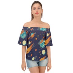 Space Galaxy Planet Universe Stars Night Fantasy Off Shoulder Short Sleeve Top by Ket1n9